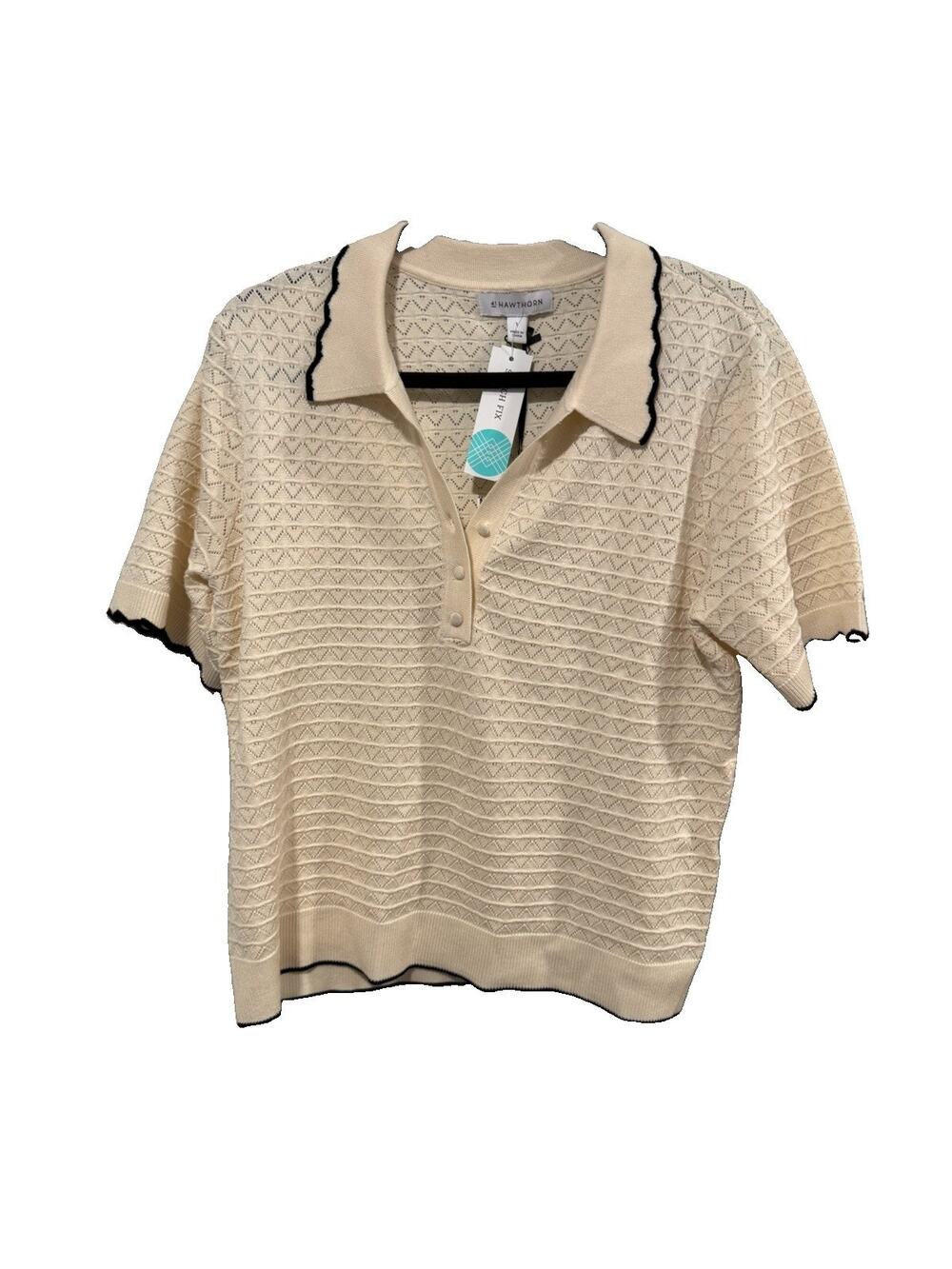 41 Hawthorne Women's Short Sleeve Pointelle Johnny Collar Polo AC2 Large